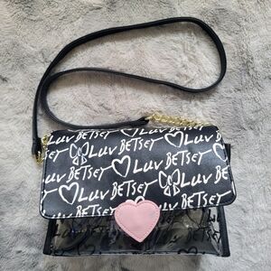 Marks Luv Betsey Betsey Johnson Black Pink Clear Logo Printed PVC Crossbody Bag